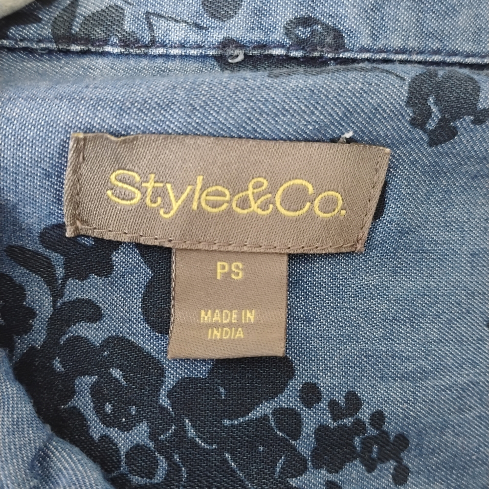 Style & Co. Blue Floral Blouse PS Petite Small Long Sleeve Button Front Top - Picture 5 of 5